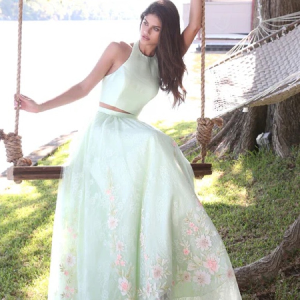Sherri Hill Mint Green Floral Prom Dress
